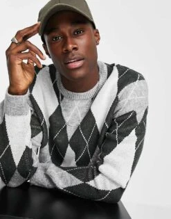 New Look Knitted Jumper With Argyle Pattern In Mid Grey For Men