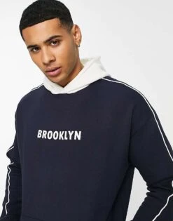 New Look Hoodie With Brooklyn Print In Navy For Men -Look Espn Store 201638204 3