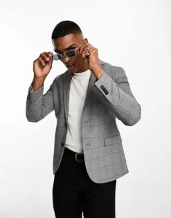 New Look Super Skinny Suit Jacket In Grey Check For Men Grey Pattern