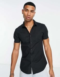 New Look Short Sleeve Button Through Shirt In Black For Men
