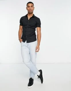 New Look Short Sleeve Button Through Shirt In Black For Men -Look Espn Store 204163740 3