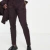 New Look Skinny Suit Trouser In Burgundy Jacquard For Men Dark Burgundy