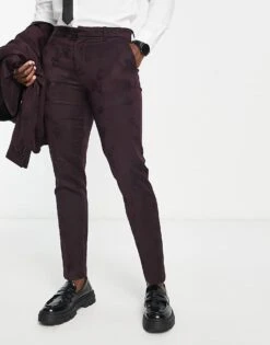 New Look Skinny Suit Trouser In Burgundy Jacquard For Men Dark Burgundy