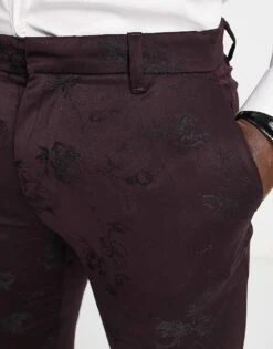 New Look Skinny Suit Trouser In Burgundy Jacquard For Men Dark Burgundy -Look Espn Store 204179199 3