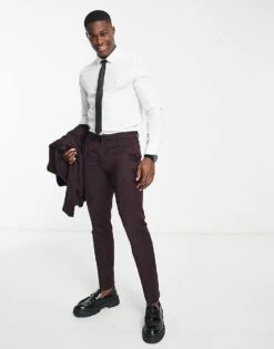 New Look Skinny Suit Trouser In Burgundy Jacquard For Men Dark Burgundy -Look Espn Store 204179199 4