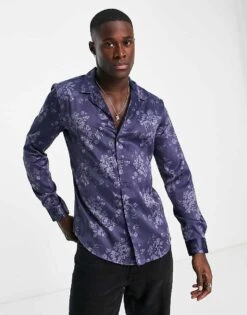 New Look Tonal Long Sleeve Floral Satin Shirt In Blue For Men Blue Pattern