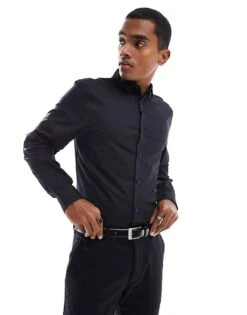 New Look Long Sleeve Poplin Shirt In Black For Men