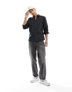 New Look Long Sleeve Poplin Shirt In Black For Men -Look Espn Store 205456024 3