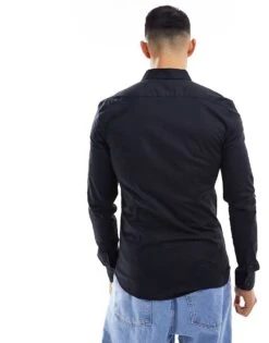 New Look Long Sleeve Muscle Fit Poplin Shirt In Black For Men -Look Espn Store 205456208 3