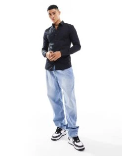 New Look Long Sleeve Muscle Fit Poplin Shirt In Black For Men -Look Espn Store 205456208 4