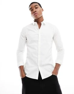 New Look Long Sleeve Muscle Fit Poplin Shirt In White For Men