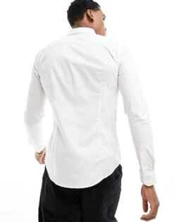 New Look Long Sleeve Muscle Fit Poplin Shirt In White For Men -Look Espn Store 205663732 4