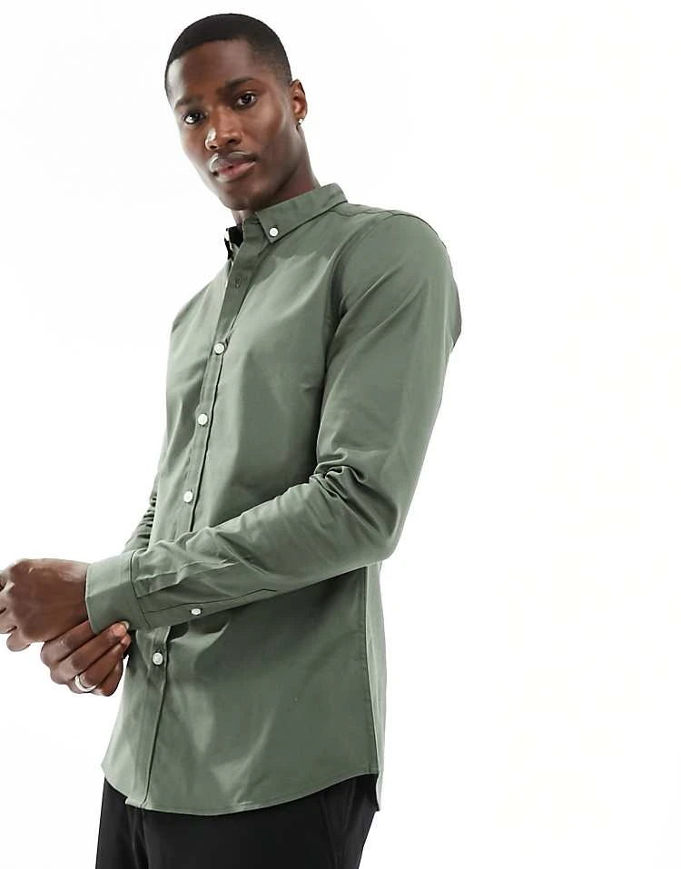 New Look Long Sleeve Muscle Fit Shirt In Khaki For Men 5 New Look Long Sleeve Muscle Fit Shirt In Khaki For Men - Image 5