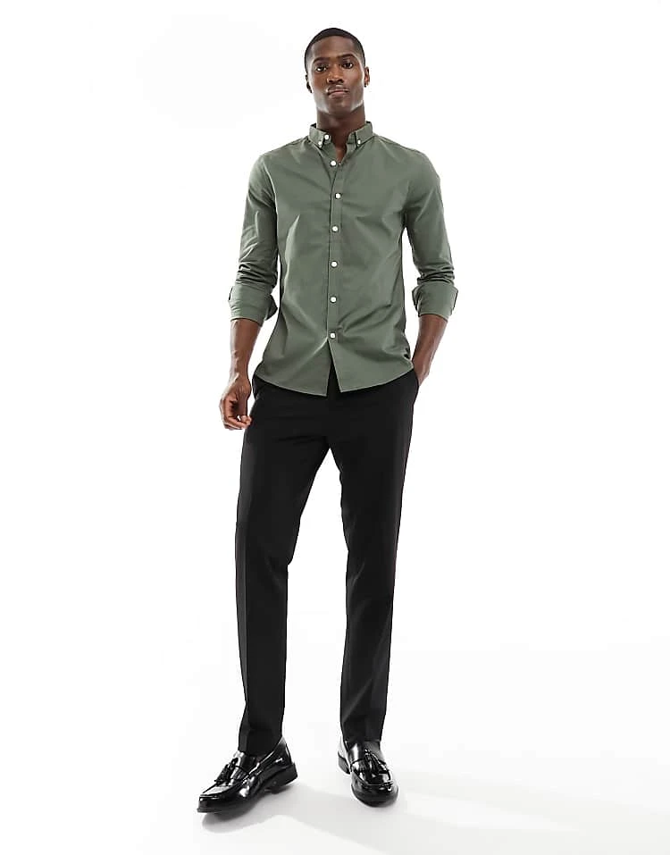 New Look Long Sleeve Muscle Fit Shirt In Khaki For Men 2 New Look Long Sleeve Muscle Fit Shirt In Khaki For Men - Image 2