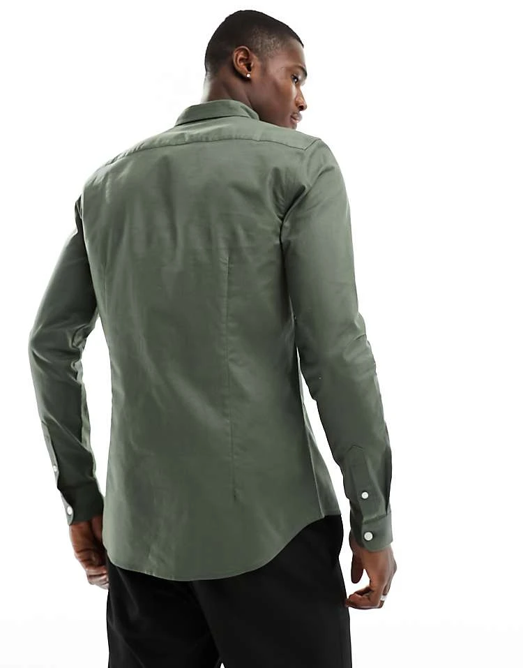 New Look Long Sleeve Muscle Fit Shirt In Khaki For Men 3 New Look Long Sleeve Muscle Fit Shirt In Khaki For Men - Image 3