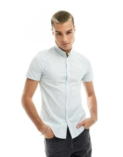 New Look Short Sleeve Muscle Fit Shirt In Blue For Men Light Blue