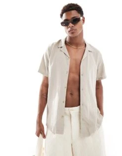 New Look Short Sleeve Linen Blend Shirt In Stone For Men