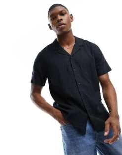 New Look Short Sleeve Linen Blend Shirt In Black For Men