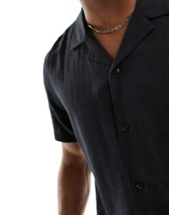 New Look Short Sleeve Linen Blend Shirt In Black For Men -Look Espn Store 205800266 3