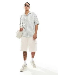 New Look Short Sleeve Textured Shirt In Green Stripe For Men Mid Green -Look Espn Store 205800283 3