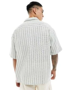 New Look Short Sleeve Textured Shirt In Green Stripe For Men Mid Green -Look Espn Store 205800283 4