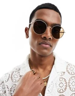 New Look Round Metal Sunglasses In Gold For Men
