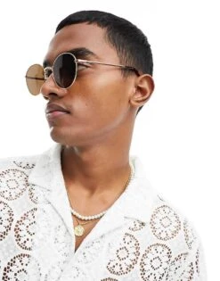 New Look Round Metal Sunglasses In Gold For Men -Look Espn Store 205817181 3