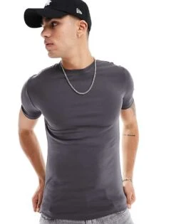 New Look Muscle Fit T-shirt In Dark Grey For Men