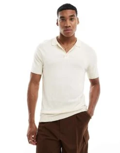 New Look Short Sleeve Slim Fit Knit Polo In Off White For Men