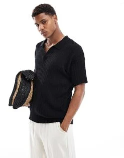 New Look Short Sleeve Ribbed Revere Knit In Black For Men