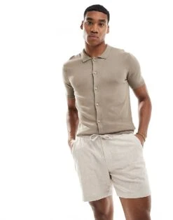 New Look Slim Fit Button Down Knitted Shirt In Light Brown For Men -Look Espn Store 205868642 1 brown 1