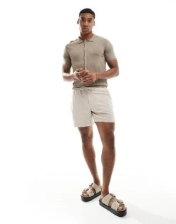 New Look Slim Fit Button Down Knitted Shirt In Light Brown For Men -Look Espn Store 205868642 4