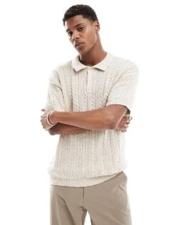 New Look Short Sleeve Textured Knit Polo In Off White For Men -Look Espn Store 205868693 1 white 1