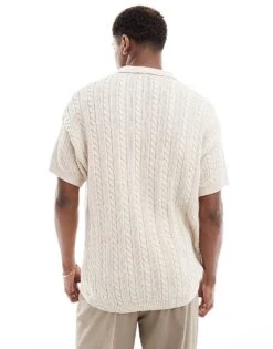 New Look Short Sleeve Textured Knit Polo In Off White For Men -Look Espn Store 205868693 4