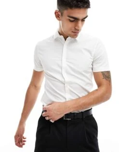 New Look Short Sleeved Muscle Fit Poplin Shirt In White For Men -Look Espn Store 205868720 1 white 1