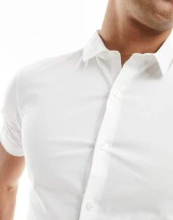 New Look Short Sleeved Muscle Fit Poplin Shirt In White For Men -Look Espn Store 205868720 3