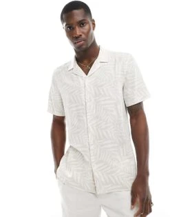 New Look Short Sleeved Palm Linen Blend Shirt In Stone For Men -Look Espn Store 205904360 1 stone 1