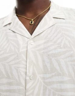 New Look Short Sleeved Palm Linen Blend Shirt In Stone For Men -Look Espn Store 205904360 3