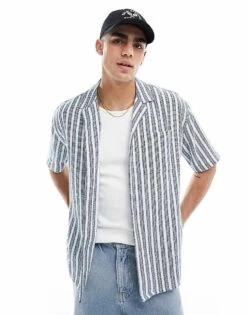 New Look Short Sleeved Textured Stripe Patterned Shirt In Navy For Men -Look Espn Store 205904391 1 navy 1