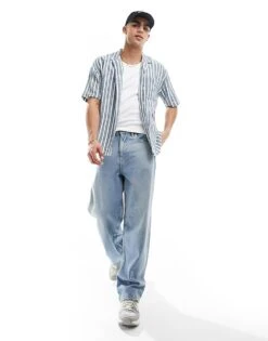 New Look Short Sleeved Textured Stripe Patterned Shirt In Navy For Men -Look Espn Store 205904391 3