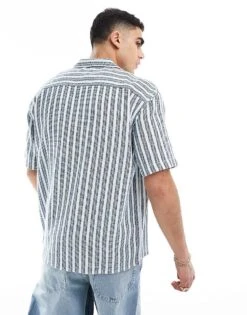 New Look Short Sleeved Textured Stripe Patterned Shirt In Navy For Men -Look Espn Store 205904391 4