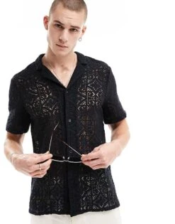 New Look Short Sleeved Lace Shirt In Black For Men -Look Espn Store 205904410 1 black 1