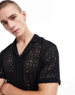 New Look Short Sleeved Lace Shirt In Black For Men -Look Espn Store 205904410 3