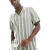 New Look Short Sleeved Striped Linen Blend Shirt In Green For Men Mid Green