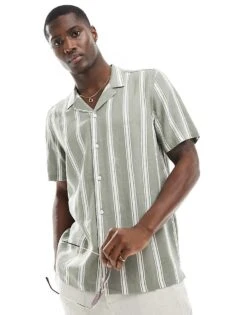 New Look Short Sleeved Striped Linen Blend Shirt In Green For Men Mid Green