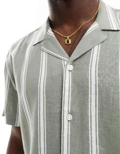 New Look Short Sleeved Striped Linen Blend Shirt In Green For Men Mid Green -Look Espn Store 205904440 3