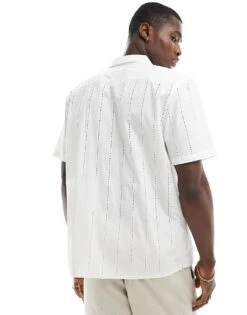 New Look Short Sleeved Broderie Shirt In White For Men -Look Espn Store 205904456 3