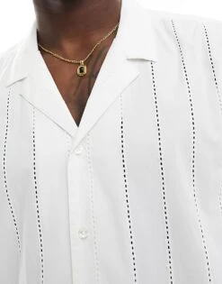 New Look Short Sleeved Broderie Shirt In White For Men -Look Espn Store 205904456 4