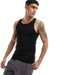 New Look Muscle Fit Rib Vest In Black For Men