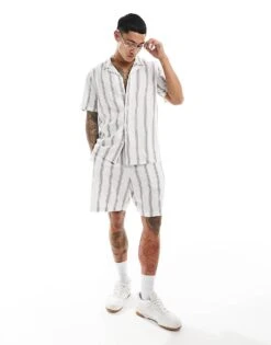 New Look Short Sleeved Striped Linen Blend Shirt In White For Men